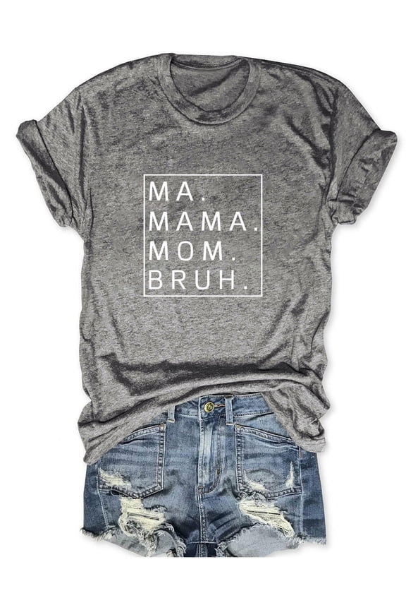 Plus Size Summer Clothes for Women Loose Fit MA Mama Mom Bruh Letter Print Short Sleeve T Shirt Long Yoga Shirt Women Tops And Blouses Long Sleeve Womens Hiking Womens Loose Fitting Tee Light Gray2