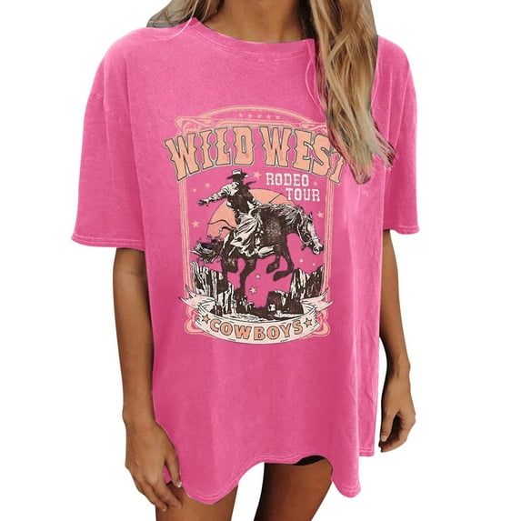 Plus Size Summer Clothes for Women Oversized Wild Cowboys T Shirt For Women Western Rodeo Graphic Tee Short Sleeve Loose Vintage Country Music Tee Top Big Shirts Career Shirts Graphic Hot Pink 2XL