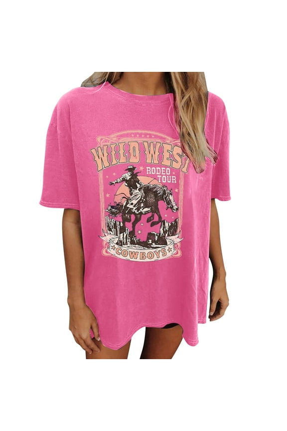 Plus Size Summer Clothes for Women Oversized Wild Cowboys T Shirt For Women Western Rodeo Graphic Tee Short Sleeve Loose Vintage Country Music Tee Top Big Shirts Career Shirts Graphic Hot Pink 2XL
