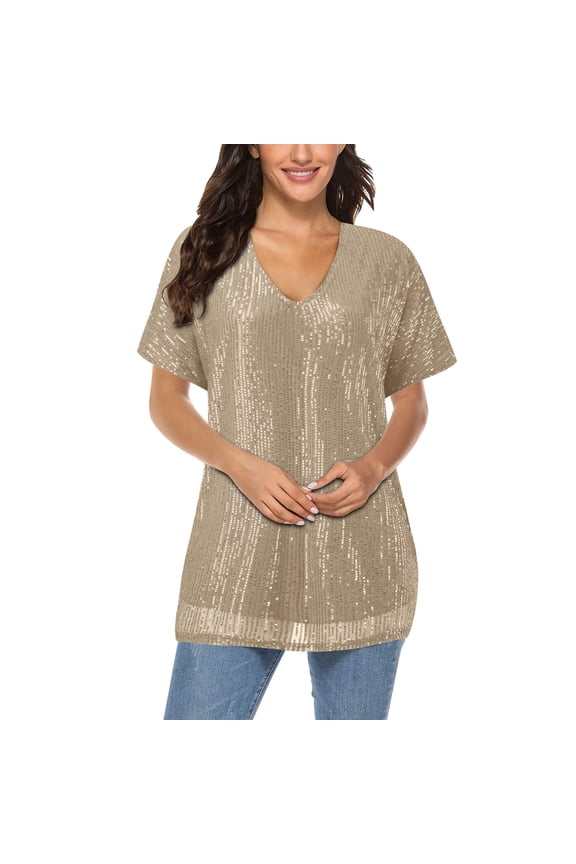 Plus Size Summer Clothes for Women Plus Size Sparkly Sequin Blingbling V Neck Short Sleeve Loose Top Tee Shirt Juniors Dressy Long Sleeve Shirts S Blouses Summer Sheer Blouses Long Gold 2XL