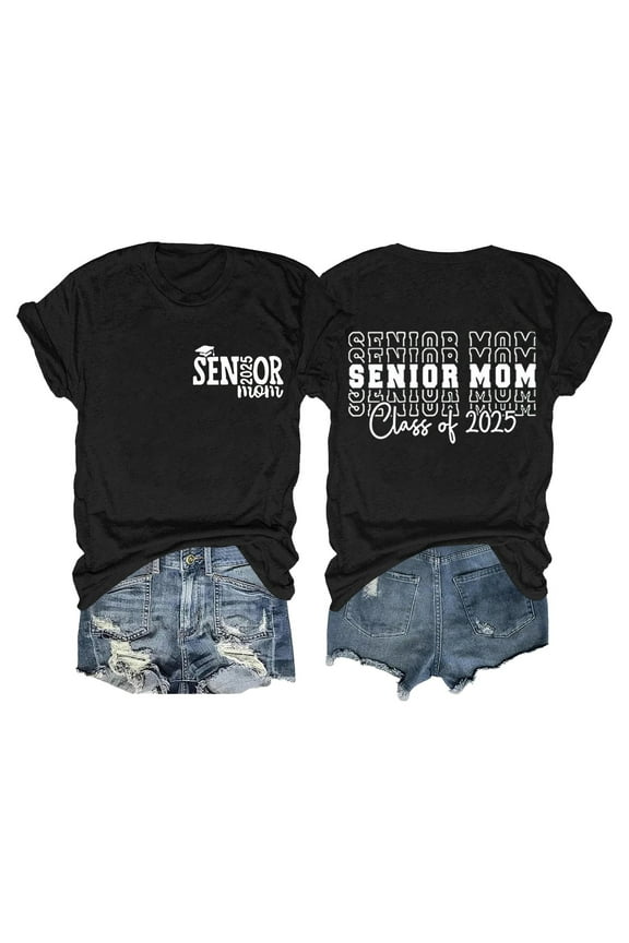 Plus Size Summer Clothes for Women Senior Mom T Shirt Senior Mom Class Of 2025 Shirts Funny Graphic Tees Graduation Shirt Short Sleeve Scrub Sleeve Long Junior V Neck Blouses for Top Black 2XL
