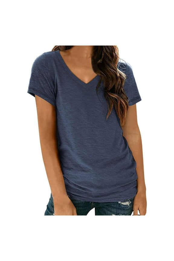 Vetement Femme ete 2025 Women's Solid Color V Neck Casual Short Sleeve T Shirt | Fashionable & Versatile Basic Tee Womens T Shirts for Summer Women Short Sleeve Tee Shirts Tech Athletic Women S