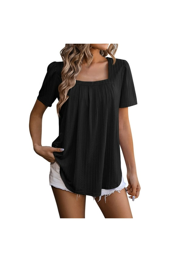 Plus Size Summer Clothes for Women Square Neck T Shirt Pure Color Casual Summer Top With Ruffle Detail For Daily Wear Vacation And Puff Sleeve Wrap Top Lace Short Lace Tops Women Black S
