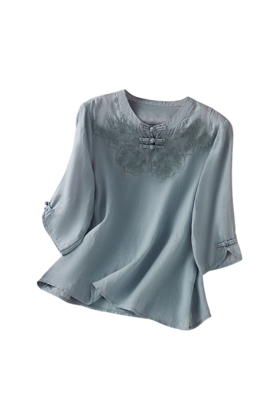 Plus Size Summer Clothes for Women Stylish Women's T Shirts With Elegant Embroidery For Everyday Wear Classic Round Neck Design All Seasons Work Apparel Ladies Short Sleeved Tops Oversized Blue XL