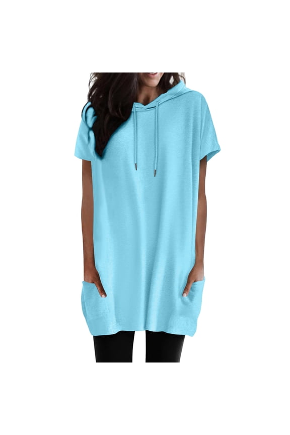 Plus Size Summer Clothes for Women Summer Casual Fashion Short Sleeve Soild Color Hooded Long Double Pocket TShirt Top Tight Fitted Shirts Cute Shirt Inner Figs Top Athletic Tees for Blue S