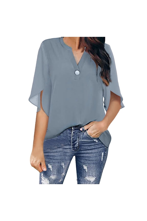 Plus Size Summer Clothes for Women Summer Dressy Chiffon Blouses Flutter Sleeve Blouse Tops V Neck Ruffle Short Sleeve Tunic Tops For T Shirt Tunic Leggings Womens Medium Short Grey M