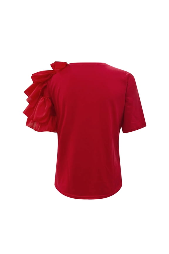 Plus Size Summer Clothes for Women Summer Independent Station Europe And The United States Border Solid Color Fashion Ruffles Short Sleeves Versatile Crewneck T Shirt In Stock Casual Loose Red 2XL