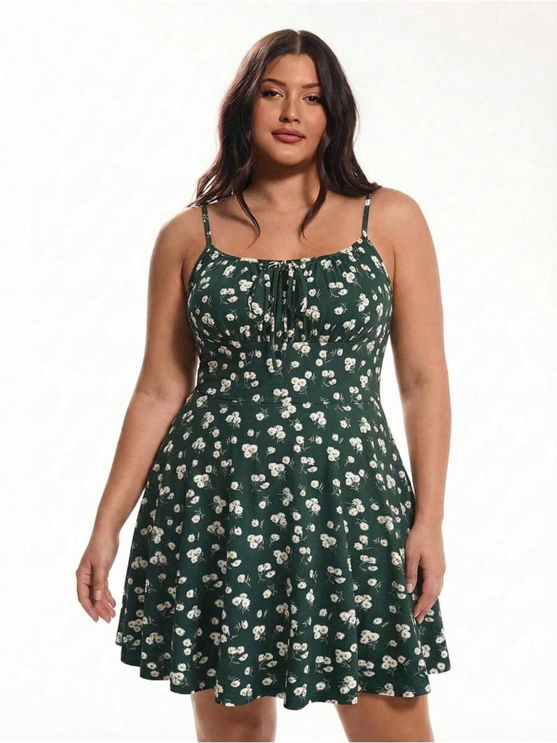 Plus Size Summer Dark Green Ditsy Floral Spaghetti Strap Cami Mini Dress Milkmaid Dress
