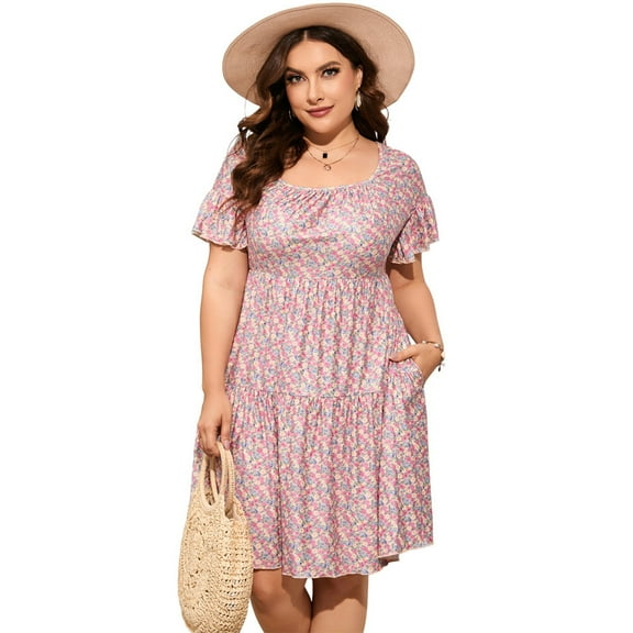 Plus Size Summer Dress Womens Plus Size Clothing Square Neck Dress Ruffle Sleeve Plus Size Dress