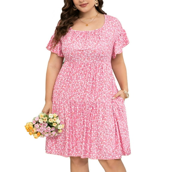 Plus Size Summer Dress Womens Plus Size Clothing Square Neck Dress Ruffle Sleeve Plus Size Dress
