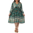 thumbnail image 1 of Plus Size Summer Dress for Women Casual Boho Floral V Neck 3/4 Sleeve Midi Short Beach Dress 1X Dark Green, 1 of 6