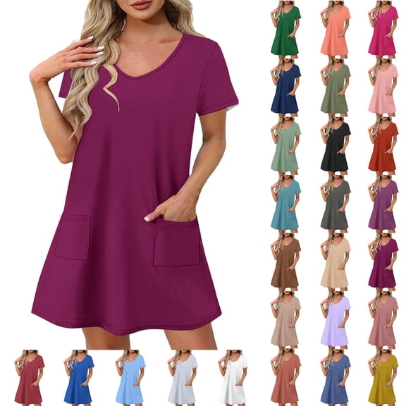 Plus Size Summer Dress for Women Womens Summer Short Sleeve Casual Dresses V-Neck Dress with Pockets Ndbuld,Red 2XL