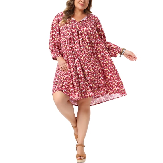 Agnes Orinda Plus Size Summer Dress for Womens Drawstring V Neck Babydoll Midi Flowy Dresses Sundress 1X Red