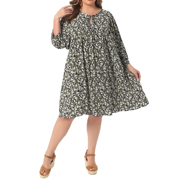 Plus Size Summer Dress for Womens Drawstring V Neck Babydoll Midi Flowy Dresses Sundress 3X Black