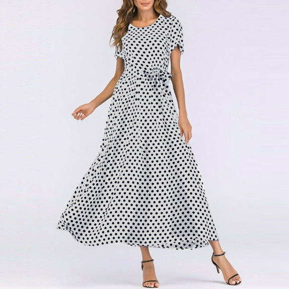 Plus Size Summer Dresses Fashion Women O-Neck Short Sleeve Beach Polka Dot Bandage Long Maxi Dress White
