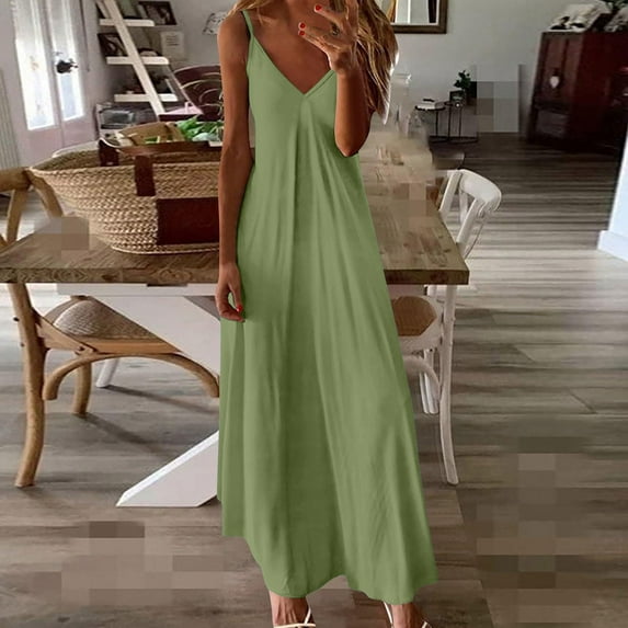 Plus Size Summer Dresses, Fashion Women's Summer Casual V-Neck Camis Sleeveless Solid Beach Sundresses Boho Dresses(Green,S)
