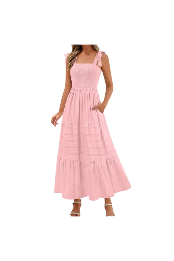 Plus Size Summer Dresses New Women's Summer Boho Maxi Dress Beach Vacation Casual Smocked a Line Sundress with Pockets Pinky M