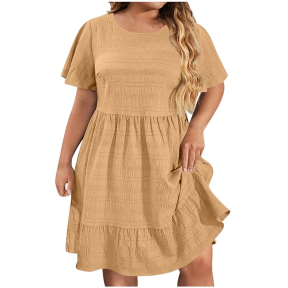 Plus Size Summer Dresses Sevevn Fashion Women's Plus Size Casual Solid Short Sleeved Round Neck Dress