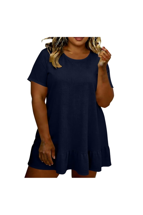 Plus Size Summer Dresses for Women Crew Neck Short Sleeve Mini Dress with Ruffle Hem Lightweight Oversized Sundress Basic Casual Trendy Outfits 2026 Summer Beach Travel Vacation Dress