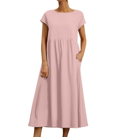 Plus Size Summer Dresses Women'S Summer Loose Long Sleeve Round Neck Solid Color Ankle-Length Dress