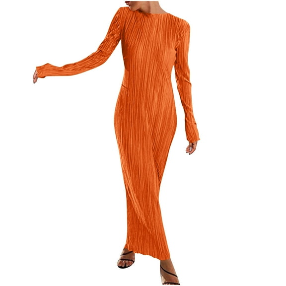 Plus Size Summer Dresses Women'S Summer Solid Color Long Sleeve Crew Neck Dress