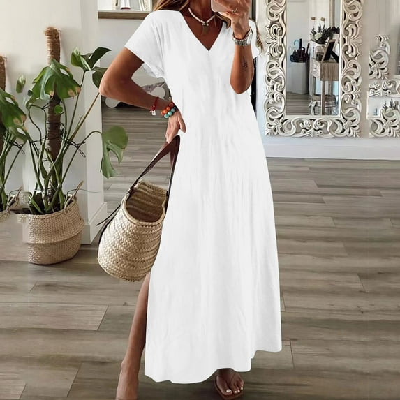 Plus Size Summer Dresses, Women's Fashion Crewneck Loose Half Sleeve Solid Knee-length Dress(White,L)