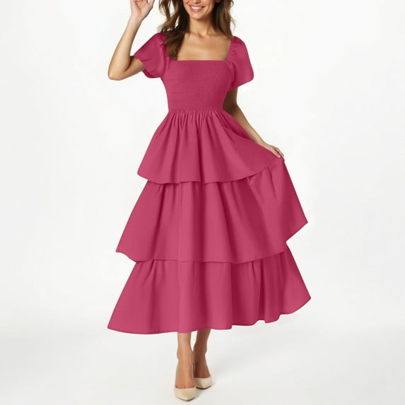 Plus Size Summer Dresses, Women's Fashion Temperament Solid Color Short Sleeve Square Neck Cake Dress(Hot Pink,L)