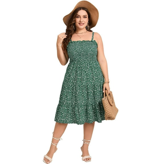 Plus Size Summer Dresses Women’s Sleeveless Square Neck Smocked Flowy Ruffle A Line Maxi Dress