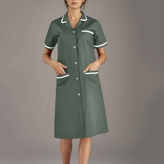 Plus Size Summer Dresses, Women's Solid Color With Pockets Button Splicing Lapel Caregiver Dress Nurse Dress Work Midi Dress(Gray,L)