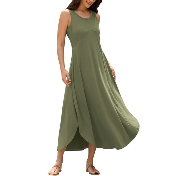 Plus Size Summer Dresses, Women's Summer Solid Color Sleeveless Round Neck Irregular Hem Dress Skirt(Army Green,L)