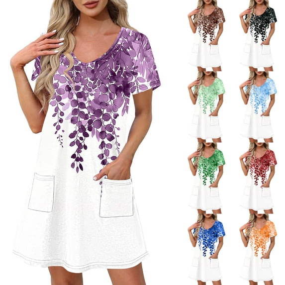 Plus Size Summer Dresses for Curvy Women Women's Fashion Summer Print Short-sleeved V-neck Casual Dress Dark Blue L