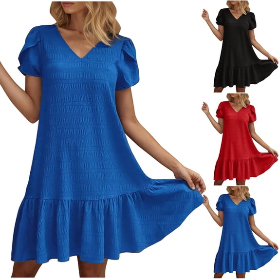 Plus Size Summer Dresses for Women 2026 Casual Solid Color Ruffled Elegant Short Sleeve V-Neck Loose Wedding Guest Dress