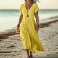 thumbnail image 1 of Plus Size Summer Dresses for Women 2026 Solid Color Cotton Linen Short Sleeved V-neck Dress Skirt Casual Dresses Yellow XL, 1 of 6