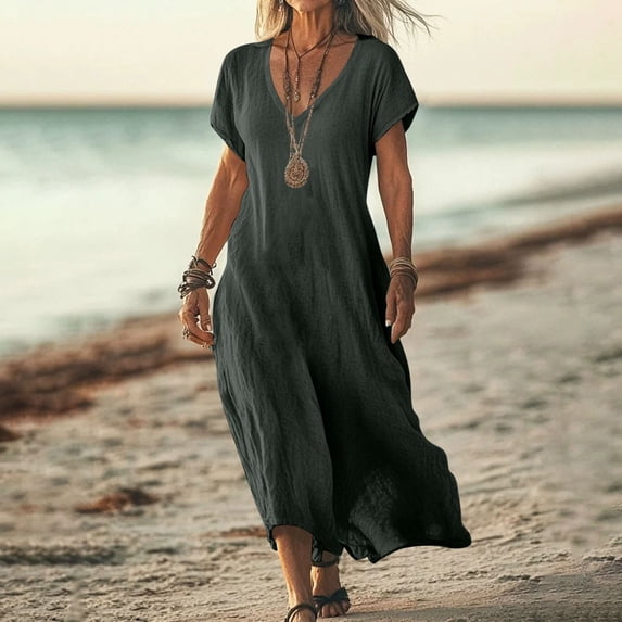 Plus Size Summer Dresses for Women 2026 Solid Color Cotton Linen Short Sleeved V-neck Dress Skirt Dark Gray M
