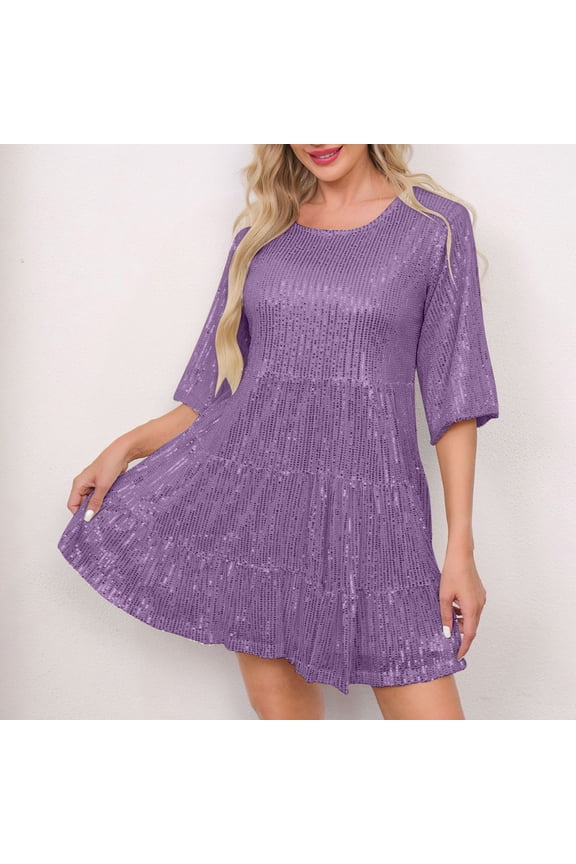 Plus Size Summer Dresses for Women 2026 Solid Color Loose Waist Short Sleeved Skirt Dress Party Sequin Dress Purple S