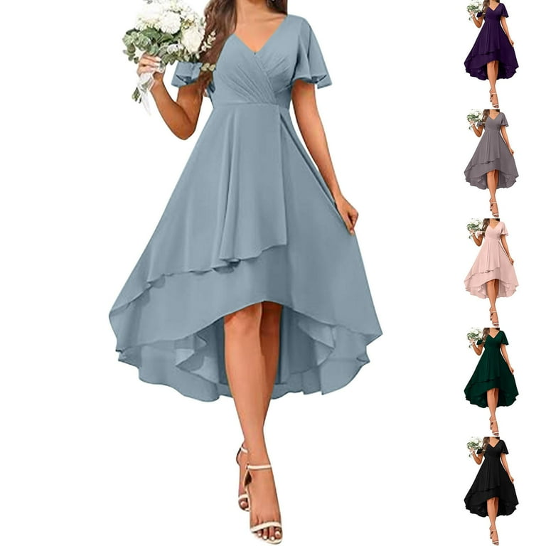 Women's Plus Size Summer Dresses Solid Color Ruffle Sleeves Pleated V-Neck  A-Line Mid Length Vacation Dress