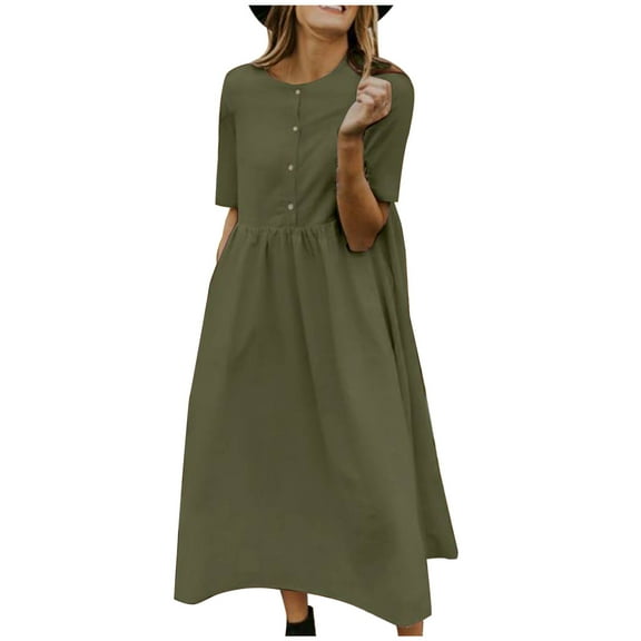 BLVB Womens Spring Summer Maxi Dresses Crew Neck Short Sleeve Casual Cotton Linen Dress A-Line Long Beach Dress