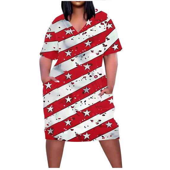 Plus Size Summer Dresses for Women Short Sleeve V Neck Comfort Fashion Dresses Dressy Patriotic Wear with Pockets