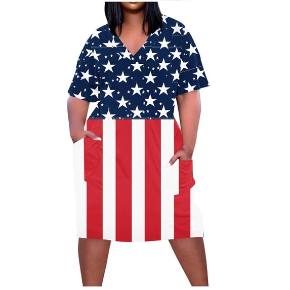 Plus Size Summer Dresses for Women Short Sleeve V Neck Comfort Fashion Dresses Dressy Patriotic Wear with Pockets