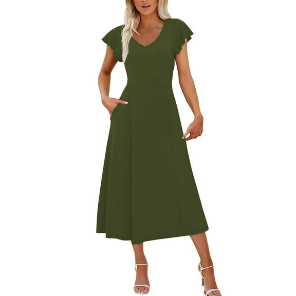 Plus Size Summer Dresses for Women Solid Color Lace Short Sleeved Round Neck Mid Length Wedding Guest Dress