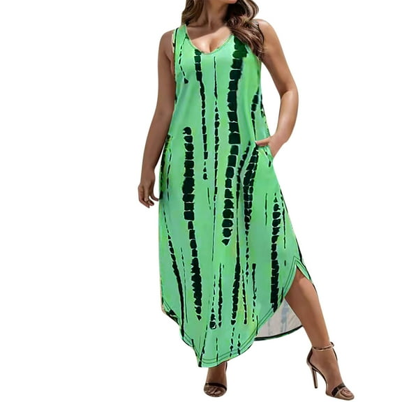 Plus Size Summer Long Maxi Dresses for Women Curved Hem Tie Dye Casual Dress with Pocket Sleeveless Loose Sundress Green, 2XL