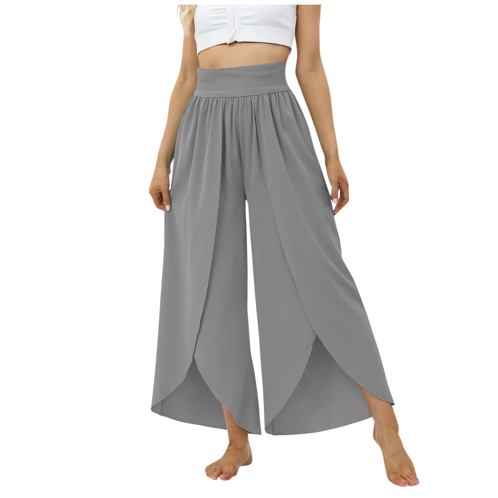 Mlqidk Women's Yoga Pants Plus Size Side Slit Ruffle Long Loose Wide Leg  Flowy Trouser,Red XL
