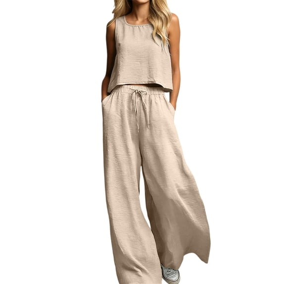 Plus Size Summer Outfits For Women Square Neck Sleeveless Tank Tops Drawstring Wide Leg Pants With Pockets (S, Khaki)