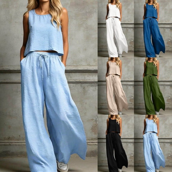 Plus Size Summer Outfits For Women Square Neck Sleeveless Tank Tops Drawstring Wide Leg Pants With Pockets (XL, Light Blue)