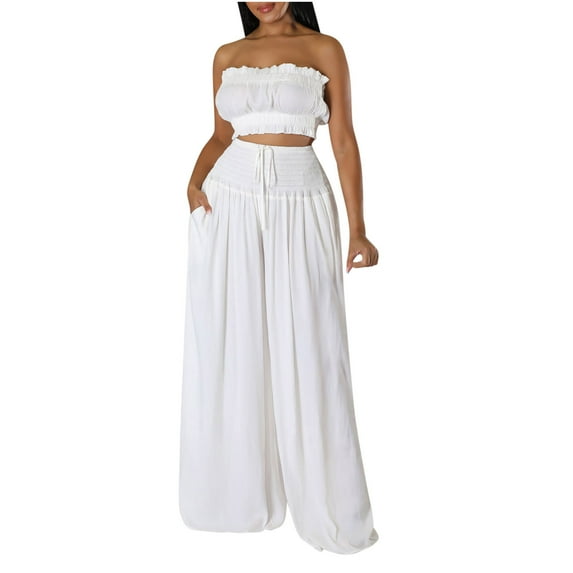 Plus Size Summer Outfits Sleeveless Round-Neck Blouses & Shirts Sets Solid Color Long Sleeveless Strapless Lace-Up High Waist Pleated Pants Casual Suit 2 Piece Outfits Summer White xxl