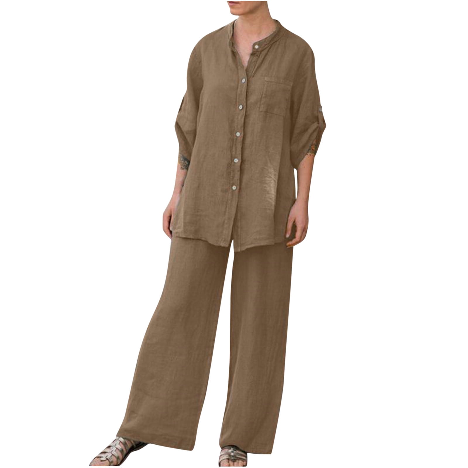 Plus Size Summer Outfits for Women Cotton Linen Pants Set 2 Piece Casual  Tops and Wide Leg Pants Two Piece Beach Sets 