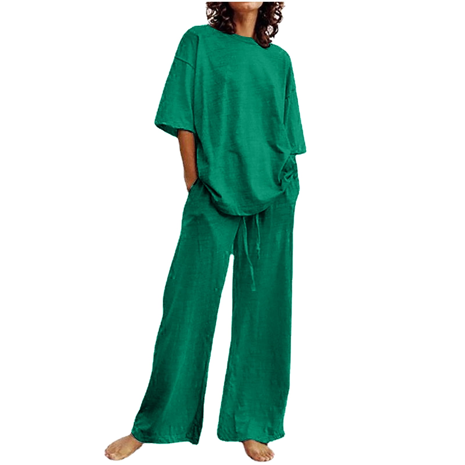 Plus Size Summer Outfits for Women Cotton Linen Pants Set 2 Piece Casual  Tops and Wide Leg Pants Two Piece Beach Sets 