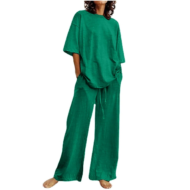 Plus Size Summer Outfits for Women Cotton Linen Pants Set 2 Piece
