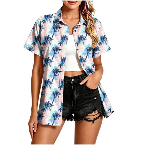 Plus Size Summer Shirts for Women Short Sleeve Button Down Collared Fashion Printed Casual Loose Beach Vacation Tops (XL, White)