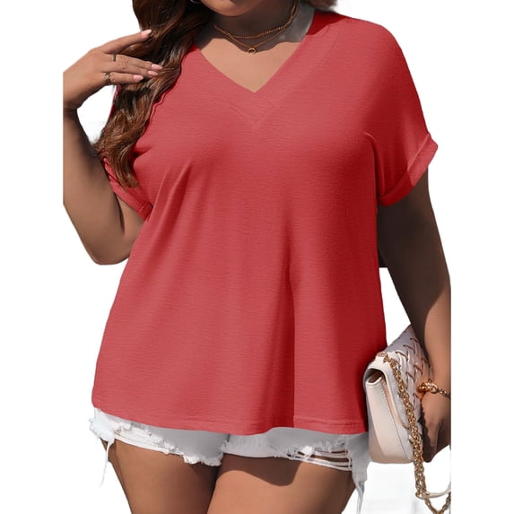 Plus Size Summer Short Sleeve Women V Neck Solid Casual Tee Shirt